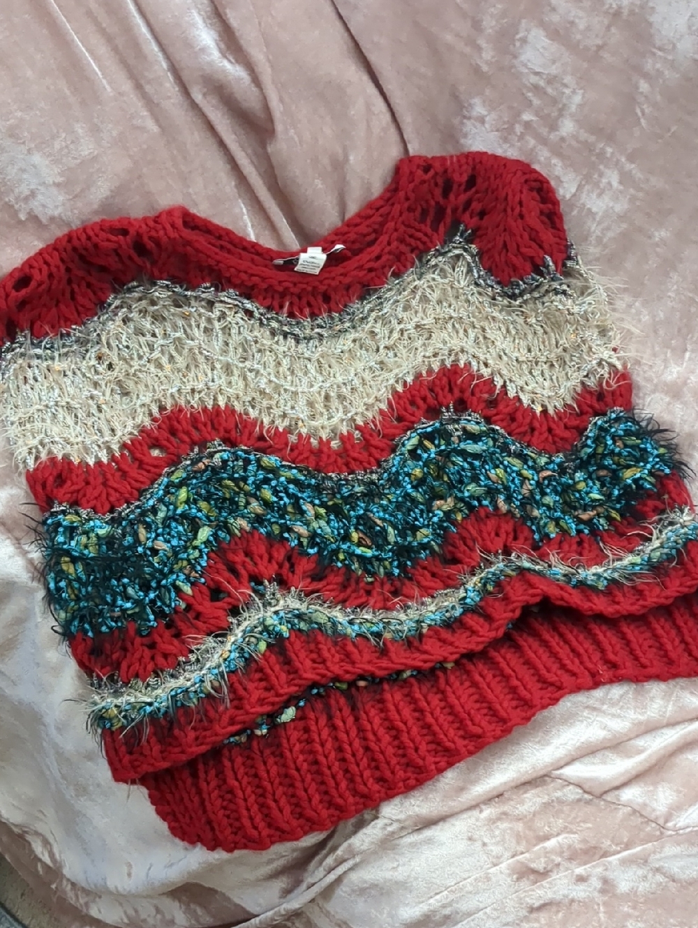 Red Wave-Stripe Crewneck Sweater